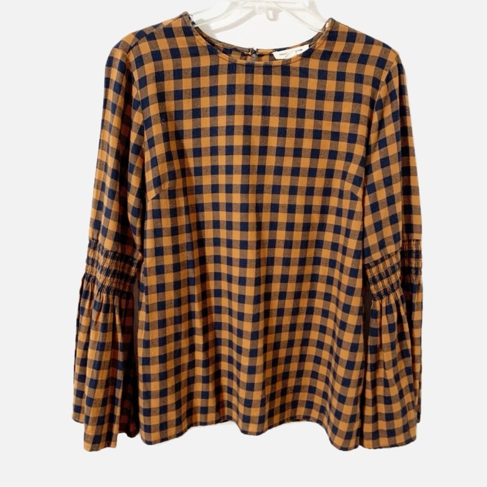 Beachlunchlounge Checked Plaid Gingham Cotton Flannel Bell Sleeve Blouse Keyhole